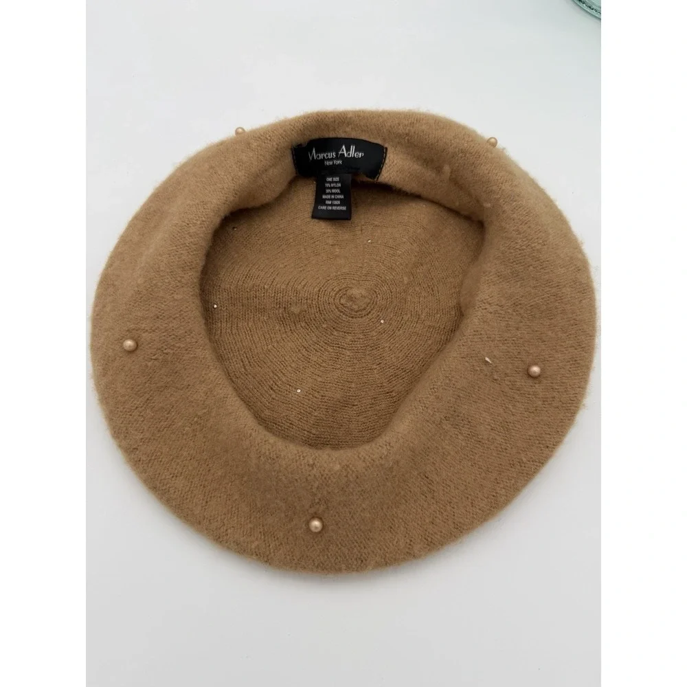 Marcus Adler Women's Wool Pearl Beaded French Beret Hat One Size Tan Brown